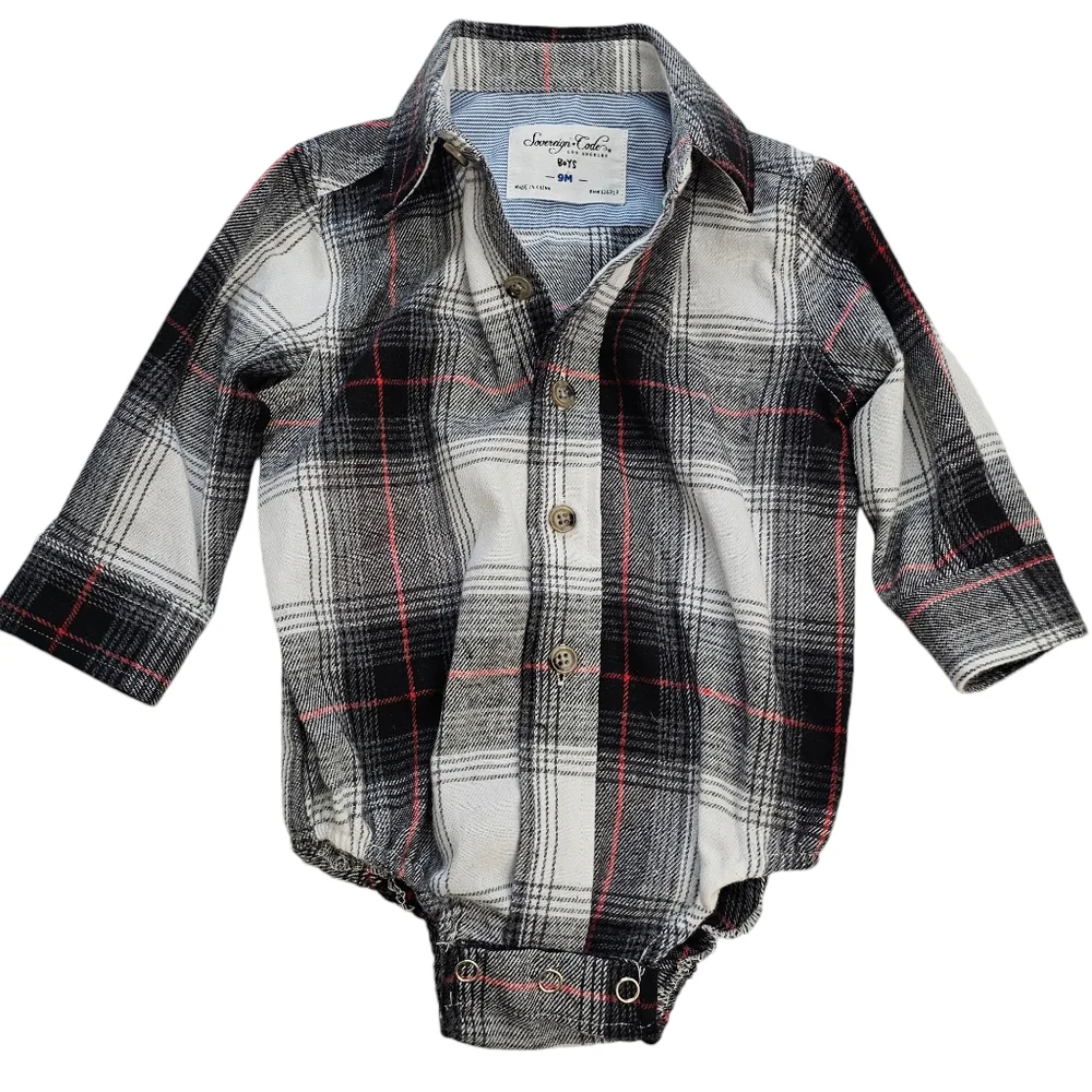 Nwot Sovereign Code Boys Black/Red/White/Gray Plaid Flannel Collared Onsie